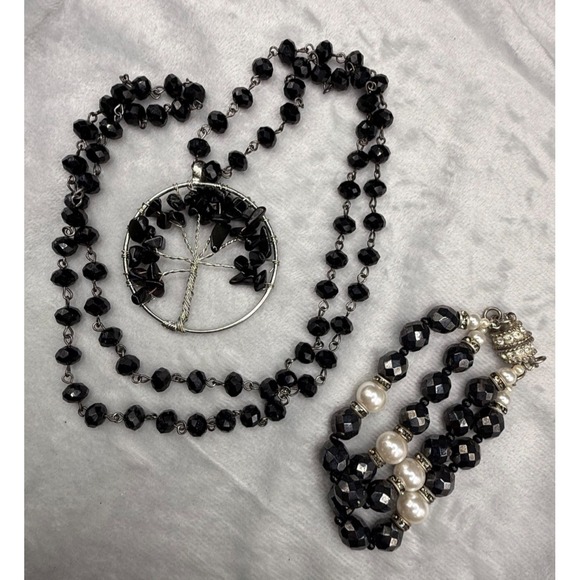 The Unbranded Brand Jewelry - Vintage Glass Beaded Necklace‎ Bracelet Black Tree Of Life Long